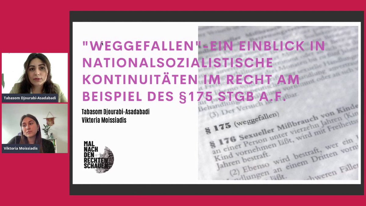 MNDRSpodcast's tweet photo. 🎞️📽️Im letzten Jahr durften @Tabi_Djou und Viktoria zum Inhalt der #Folge2 "Weggefallen - NS-Kontinuitäten im Recht am Beispiel des § 175 StGB a.F." einen Vortrag im Rahmen des ALICE @lgbt_jura Summit halten. Die Aufzeichnung ist jetzt ONLINE unter https://t.co/Qg4jta2k2u ⬇️ https://t.co/hbXdbwAr5H