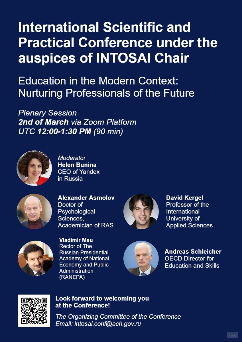 Dear Colleagues!

We are glad to announce the list of experts of the #PlenarySession #Education in the Modern Context: Nurturing Professionals of the #Future.
By the way, the #registration is still open➡🔗bit.ly/3rfOyUT

#INTOSAIConf22 #SAI #audit