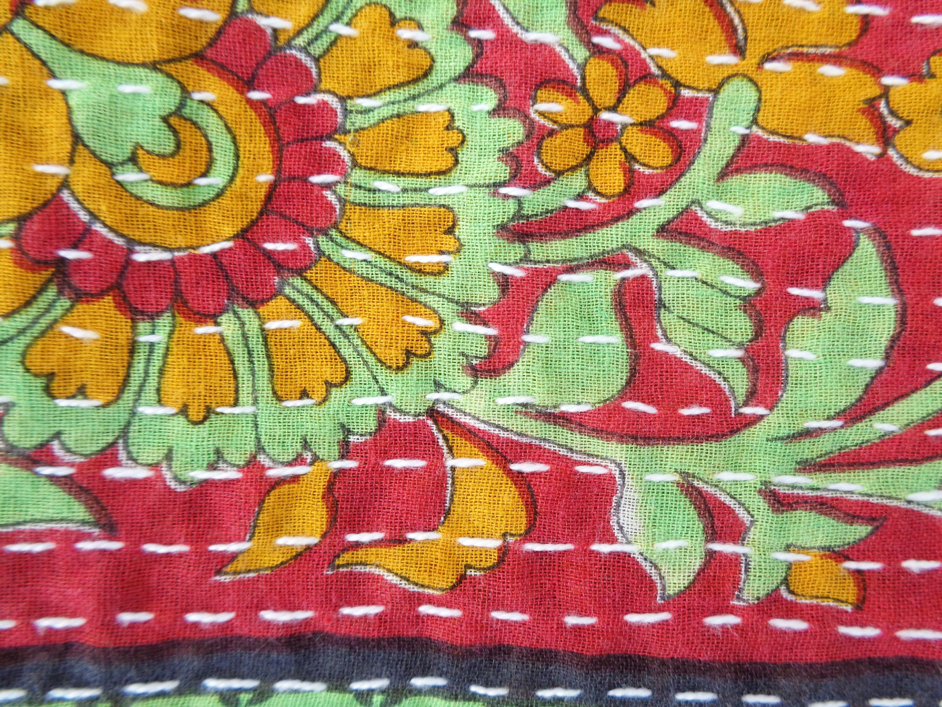 Vintage Dupatta Long Stole Cotton Saffron Hijab Hand Embroidered Kantha Scarves SR04