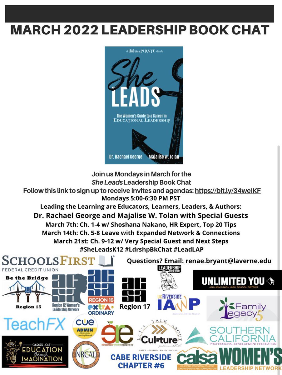 Please RT! 

Excited 2 start #SheLeadsK12 #Ldrshpbkchat n Women’s History Mo on Mon, 3/7 from 5:00-6:30 PM w/ @DrRachaelGeorge &amp; <a href="/MajaliseTolan/">Majalise Tolan</a>! Joining is HR expert, <a href="/MrsShoNakano/">Mrs. Shoshana (Yudin) Nakano</a>=Top 20 Tips. 
#SheLeadsK12 #Ldrshpbkchat #LeadLAP <a href="/zjgalvan/">Dr. Zandra Jo Galván 🩷</a> 
Reg Link:
bit.ly/34weIKF