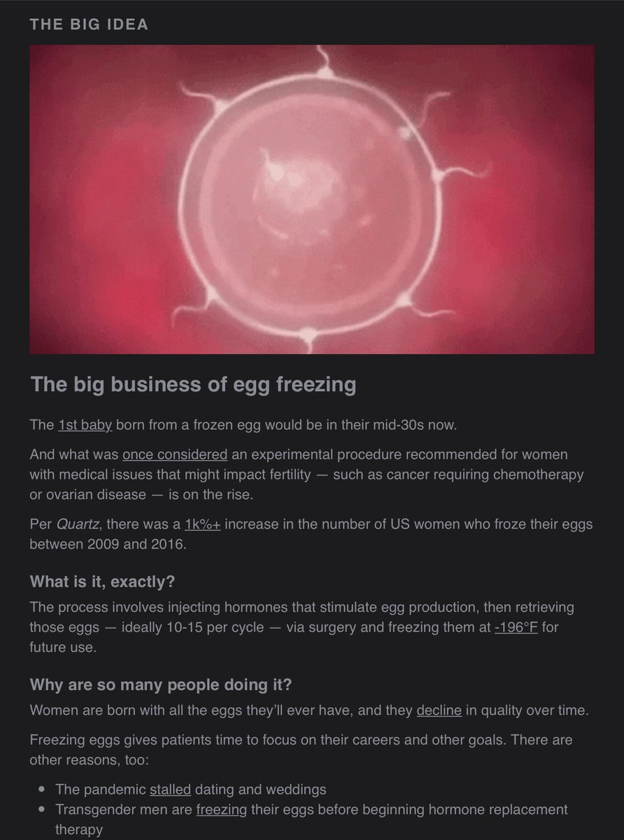 Egg freezing front and center in this mornings @TheHustle Lets go @WeAreKindbody with that 1.16B Valuation! Proud investor moment! Invest in women’s preventative health care systems.