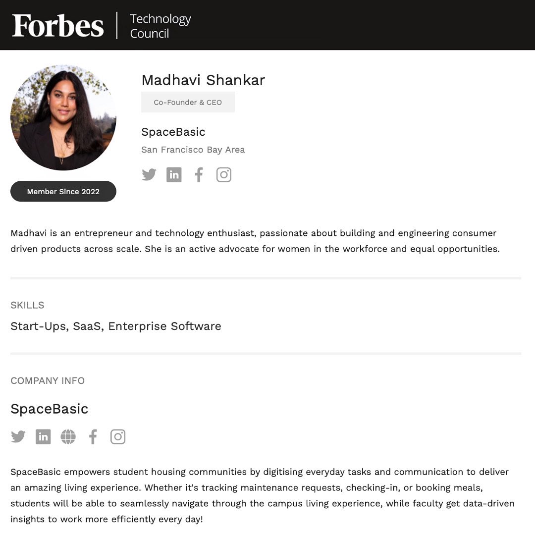 madhavi_shankar's tweet image. Excited to be a part of @ForbesCouncils   #ForbesTechnologyCouncil #SpaceBasic #SaaS