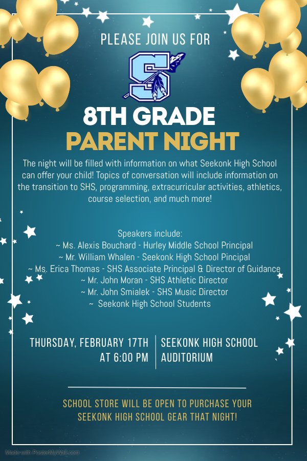 We hope to see many parents tonight at 6pm for our 8th Grade Parent Night at <a href="/SeekonkHS/">Seekonk High School</a> auditorium! The night is going to be filed with important transition information. Don't miss out!