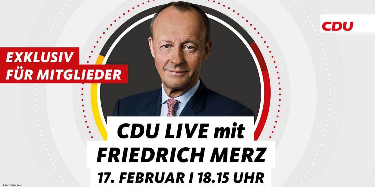 CDU's tweet photo. Am Dienstag hat sich CDU-Chef @_FriedrichMerz erfolgreich zur Wahl als Fraktionsvorsitzender gestellt – heute stellt er sich euren Fragen. In einem #CDULive – exklusiv für #CDU-Mitglieder. Los geht's um ⏰ 18:15 Uhr. Die Zugangsdaten habt ihr am Dienstag per E-Mail erhalten. https://t.co/rKBpuPKNbY