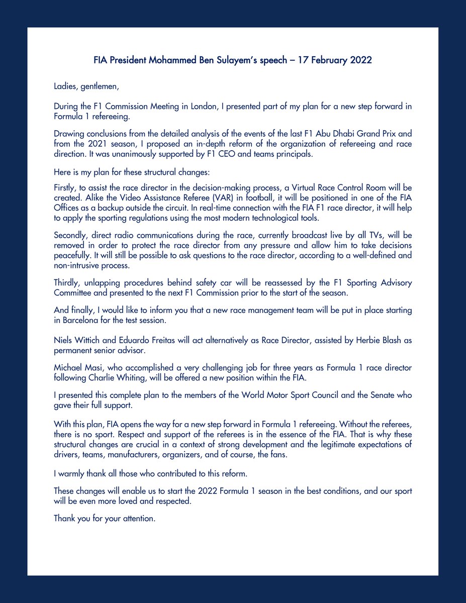 fia's tweet photo. FIA President Mohammed @Ben_Sulayem opens the way for a new step forward in @F1 refereeing https://t.co/Xh6mFgXeyb