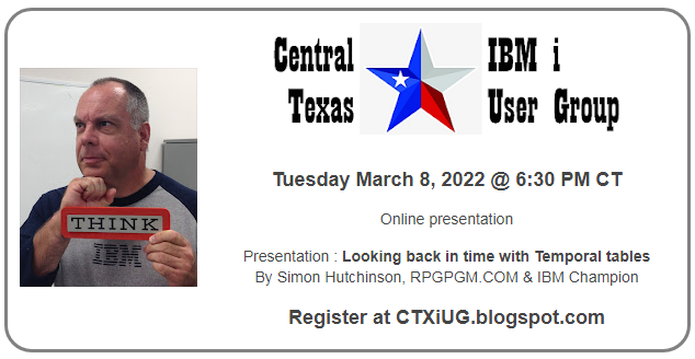 Register for the next exciting free online meeting of <a href="/CTXiUG/">Central Texas IBM i User Group</a> at ctxiug.blogspot.com

#IBMi  #AS400  #CTXiUG  #Texas  #CentralTexas  #ATX   #SanAntonio  #IBMiLUG