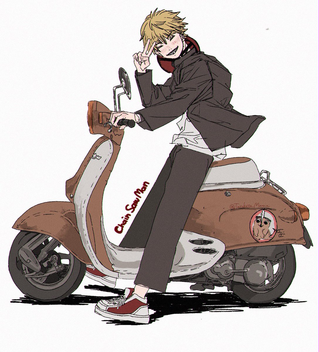 denji (chainsaw man) 1boy blonde hair v ground vehicle motor vehicle white background black pants  illustration images