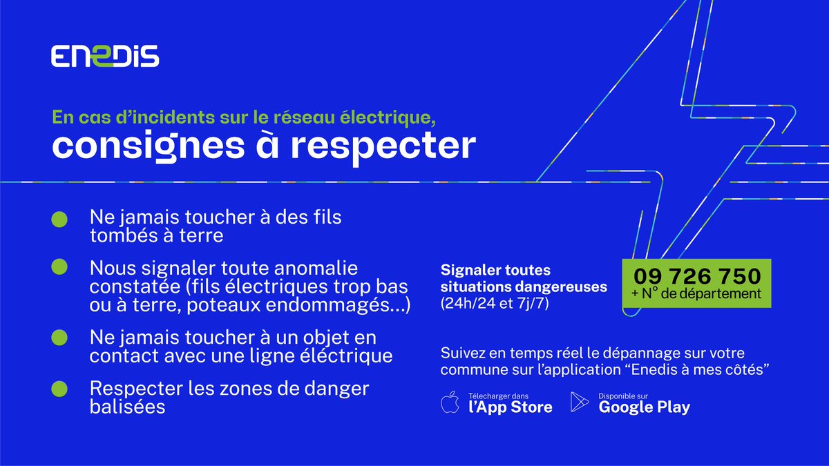 #TempeteEunice 💨Face au #ventViolent prévu cette nuit et demain en #Bretagne, @Enedis vous rappelle les consignes de sécurité à respecter en cas d'incident sur le réseau électrique. Restez prudents, téléchargez l'application « Enedis à mes côtés ».
#servicepublic