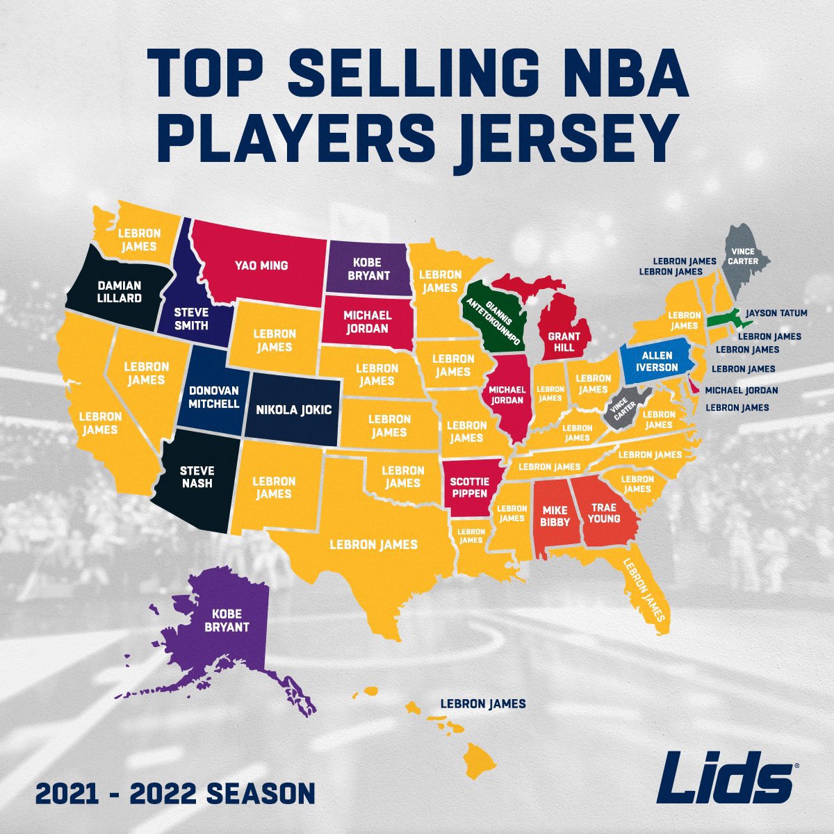 TheDunkCentral's tweet image. Top Selling NBA player jerseys in each state 

(Via @NickDePaula )
