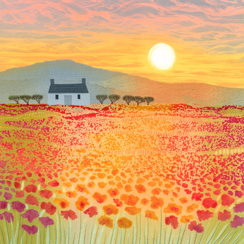 In this poppy field landscape I was varying my usual red colour scheme in order to give the idea of back lighting from a low summer sun. The cottage and hills look like Scotland but it's an imagined landscape rather than a particular place. rebecca-vincent.co.uk/twitter-welcome