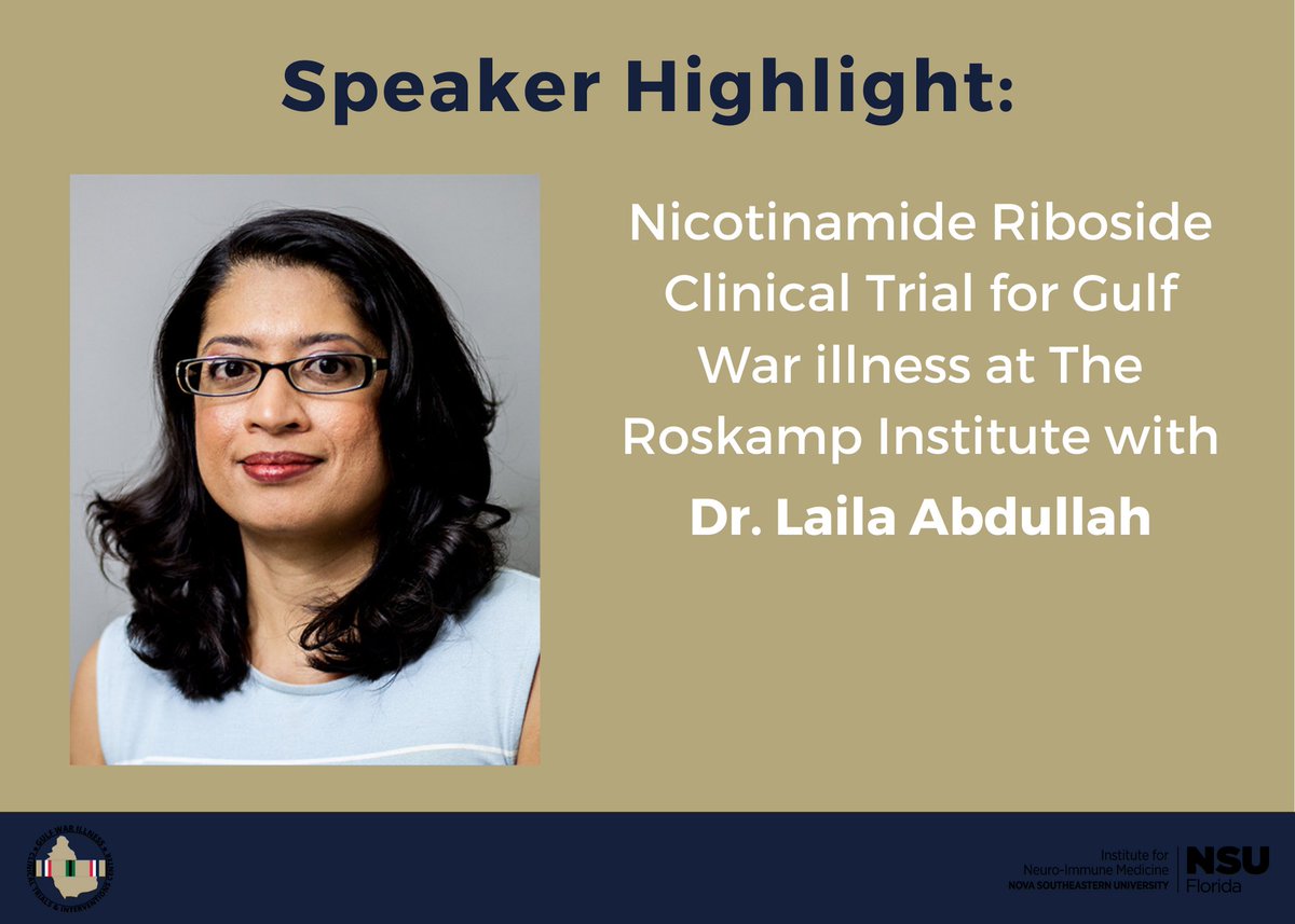 GWICTIC's tweet image. 2022 SHIELD Conference #SpeakerHighlight:
Dr. Laila Abdullah from @RoskampInst will be presenting their newest study: Nicotinamide Riboside Clinical Trial for Gulf War illness

Register: bit.ly/2022SHIELD

🗓️Fri., 2/25 | 11 am - 1 pm EST
#GulfWarIllnessResearch