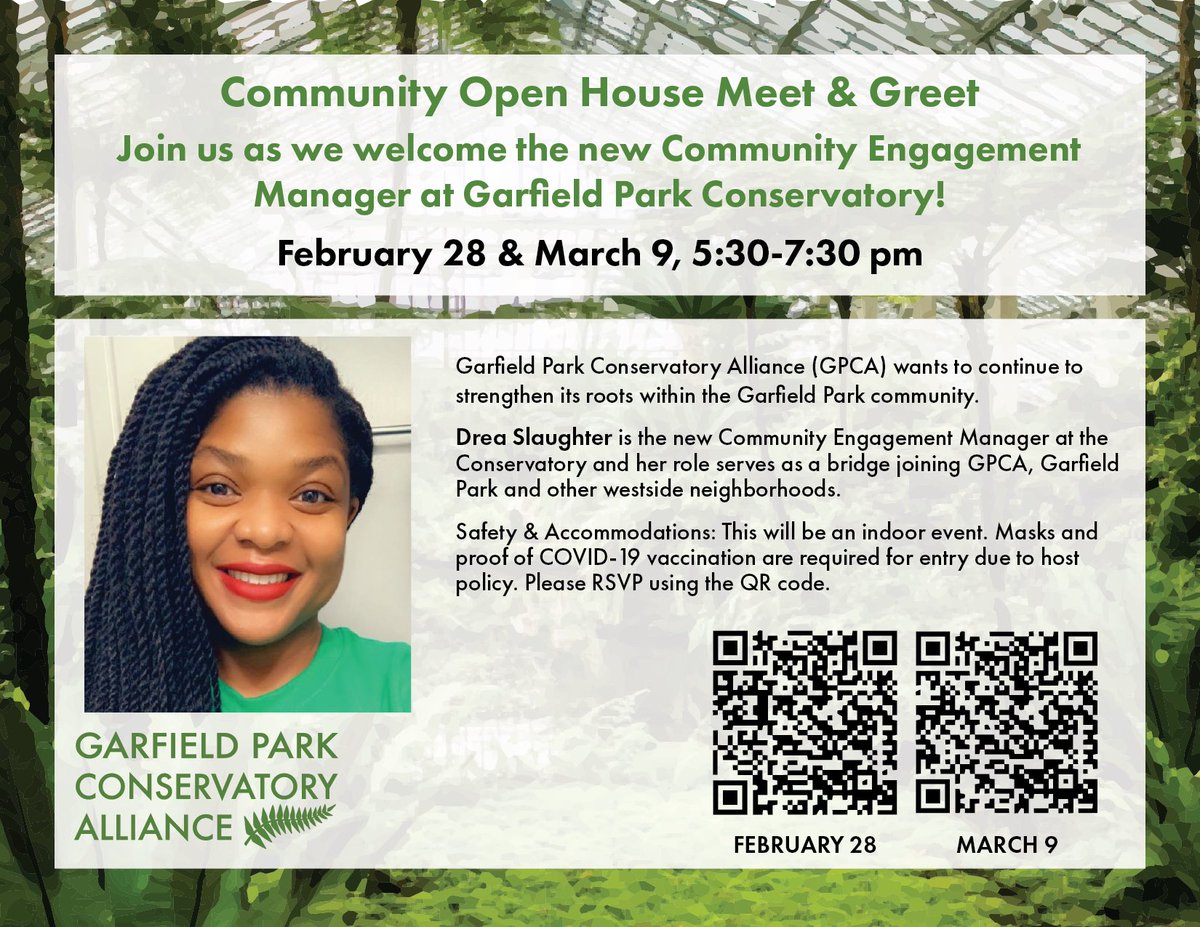 Garfield Park Community, join us for a Community Open House Meet &amp; Greet! Drea Slaughter is the new Community Engagement Manager at the Conservatory &amp; her role serves as a bridge joining the Garfield Park Conservatory Alliance, Garfield Park &amp; other West Side neighborhoods. (1/2)