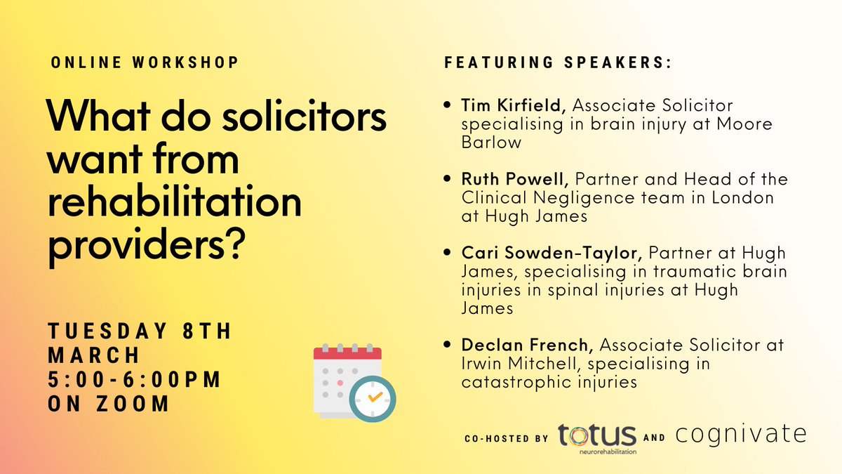 Cognivate (@cognivaterehab) on Twitter photo 📢 Community Neurorehab Event 📢
Join Ruth Powell, <a href="/Caricymru/">Cari Sowden-Taylor</a>, Declan French + <a href="/TimKirfield/">Tim Kirfield</a> for 'What do solicitors want from rehab providers?'
📅 8th March, 5:00pm
💻 Zoom
💸 Free
Please RT to help us spread the word! Registration + details: bit.ly/3t6VOlR 📢 Community Neurorehab Event 📢
Join Ruth Powell, <a href="/Caricymru/">Cari Sowden-Taylor</a>, Declan French + <a href="/TimKirfield/">Tim Kirfield</a> for 'What do solicitors want from rehab providers?'
📅 8th March, 5:00pm
💻 Zoom
💸 Free
Please RT to help us spread the word! Registration + details: bit.ly/3t6VOlR