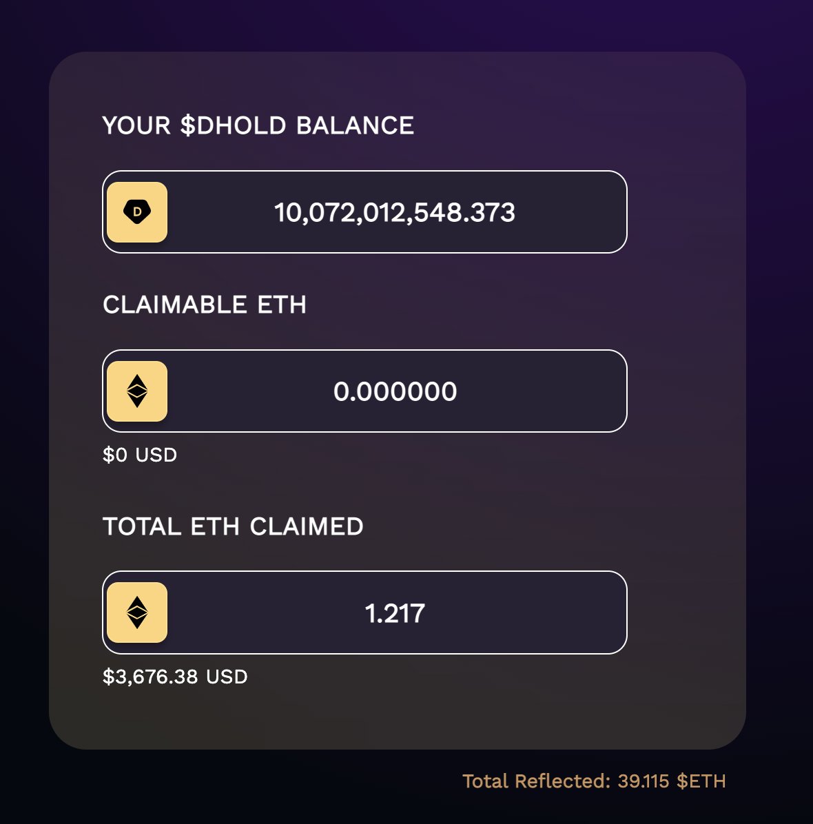 🤑 This is how much ETH I have claimed so far with around $50k volume per day! 

💰Can you imagine when it gets to $1 million per day in volume what my reflections will be like?

💲Passive Income Calculator - defiholdings.app

<a href="/defi_holdings/">Defi Holdings</a> $DHOLD #Defi3 #passiveincome