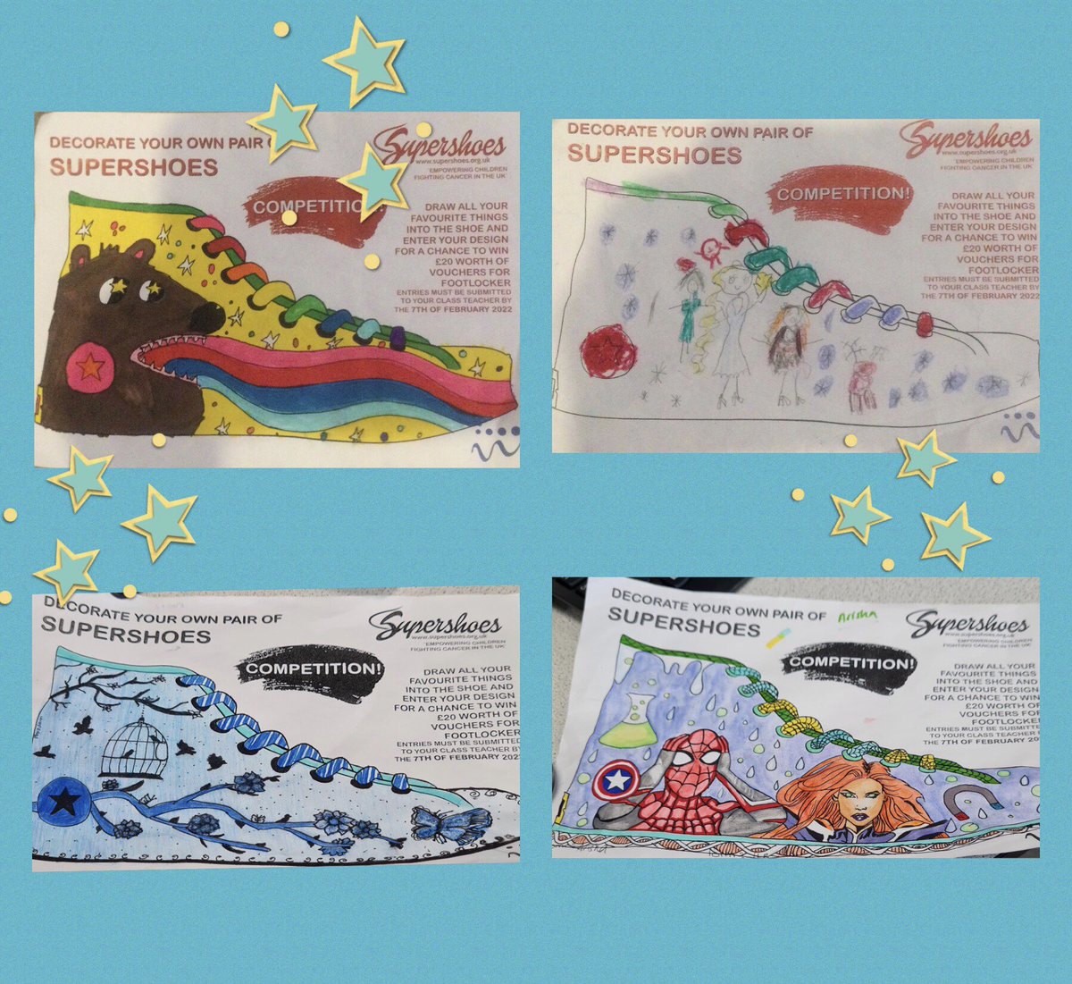 Here are the winning entries of our Supershoes Competition!Well done to everyone that joined in and congratulations to our Primary and Secondary winners!
Can you guess what their favourite things are?
<a href="/WoodySchool/">Woodmansterne</a> <a href="/PrimaryWoody/">WoodyPrimary</a> <a href="/Woody_Secondary/">Woody Secondary</a>