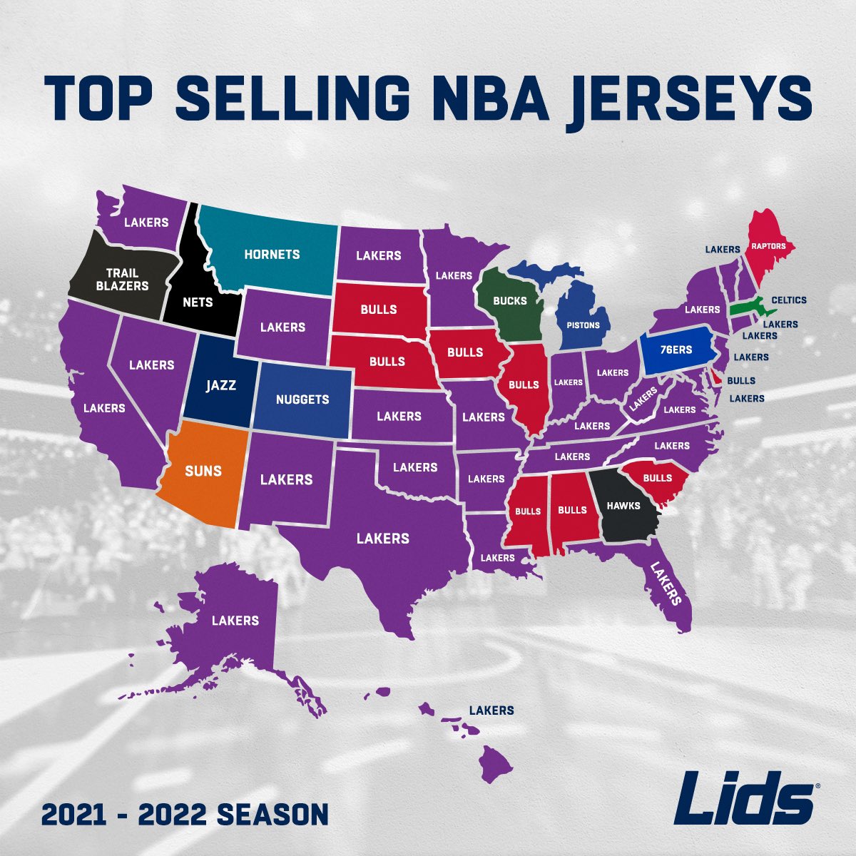 Nick DePaula on X: Here's the NBA's top selling Player & Team jerseys  by state at @Lids this season: • @KingJames & @Lakers are #1 in 30  states • @Bulls are best