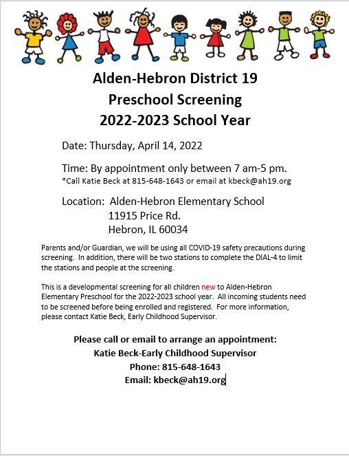 Preschool Screening and Prenatal to Three Recruitment Event: April 14, 2022!  Please see attached flyers!