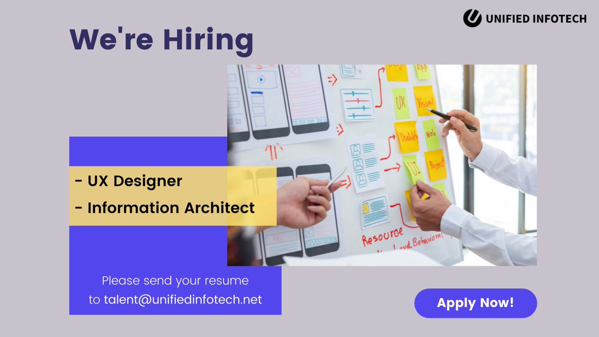 Unified_Infotec's tweet photo. We are looing for skilled UX Designers and Information Architects.
Interested candidates can email their updated CVs to talent@unifiedinfotech.net, with their desired role in the subject line.
#UnifiedInfotech #wearehiring #jobvacancies #uxdesign #informationarchitecture https://t.co/HutnRkP3an