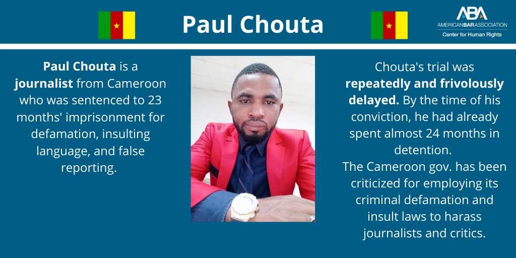 chr_aba's tweet photo. #Cameroon: Journalist Paul #Chouta was arrested in May 2019 for sharing a widely-circulated video and letter negatively portraying a public figure. We monitored the trial over the next 24 mths. @angelaquintal @PENamerica @akonteh_n @MimiMefoInfo @fallntap @mooyalynn @RSF_inter https://t.co/LdmfznsbC4