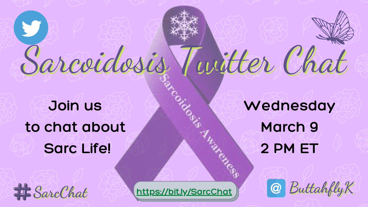 I'm so sorry, but next week's #SarcChat will be postponed. 
Our next chat will be
Wednesday, March 9
2 PM ET.
Hope to chat with you then!
~🦋
#sarcoidosis #SarcoidosisWarriors #SarcLife #SARC #SarcoidStories
@catdanse1 @jessiccaniccole @StroppyOldGet @GKzillamankam @SpaceResists