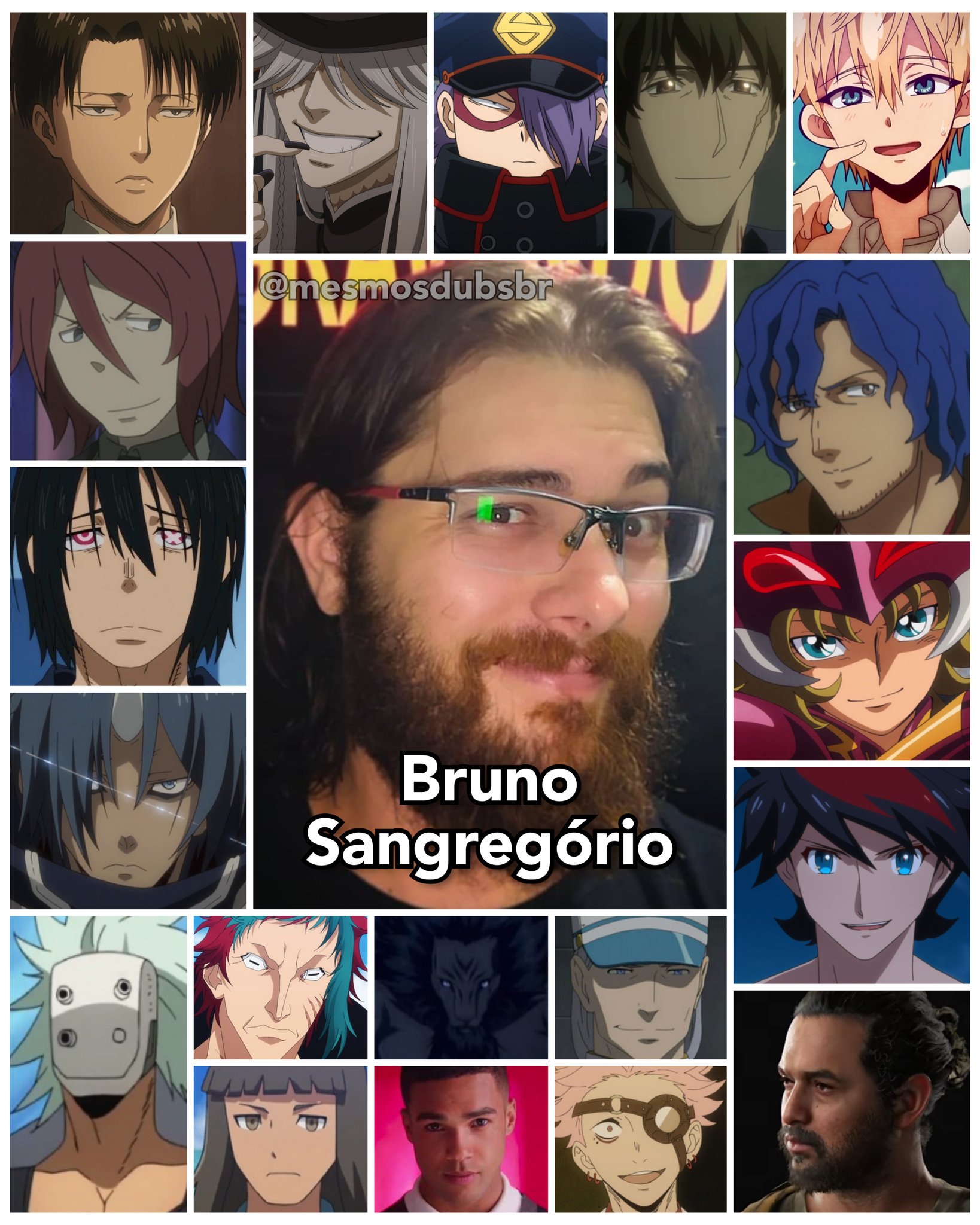 Personagens Com os Mesmos Dubladores! on X: Um dos mais fenomenais  dubladores de destaque nos últimos anos, Bruno Sangregório é um  profissional excelente! Bruno é conhecido por dublar o Levi Ackerman em