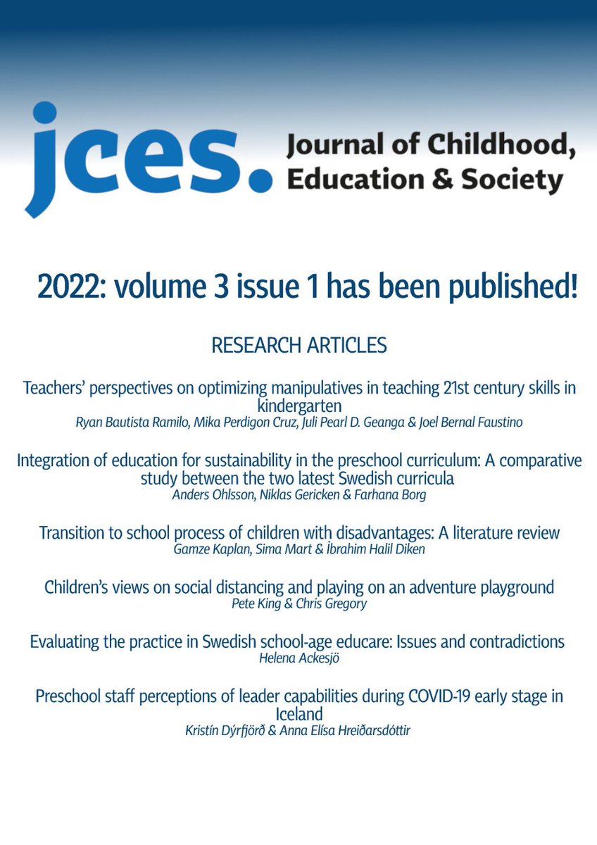 [HOT of PRESS] New issue of <a href="/journal_CES/">J Childhood, Education & Society</a> is out! 
Researchers in ECEC field from different countries contributed to this issue!

Full issue: doi.org/10.37291/27176…

#opensource #earlyyears #Children #childhood #EarlyChildhoodEducation #society #ChildRightsChat #openaccess