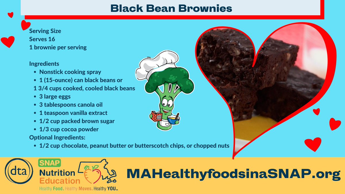 February's American Heart Month! ❤️ 

Here's a heart-healthy brownies #recipe that's chocolatey (& fiber rich) from our provider @CookingMatters: bit.ly/3oixqM8.

More recipes here: bit.ly/3oG6O8n. #SNAPEd #HeartMonth