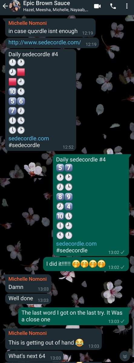 Sinduya Krishnarajah (@sindu_krishn) on Twitter photo You know that your bestfriends are fellow nerds when the daily #Wordle doesn't scratch that itch anymore and we've upgraded to also sharing our #Quordle and #sedecordle scores on our groupchat <a href="/M_Nomoni/">MichelleNomoni</a> <a href="/HazelSanghvi/">Hazel Sanghvi</a> <a href="/m_pat1/">Meesha</a> <a href="/NayaabKader/">Nayaab Abdul Kader</a> #DailyWordleClub You know that your bestfriends are fellow nerds when the daily #Wordle doesn't scratch that itch anymore and we've upgraded to also sharing our #Quordle and #sedecordle scores on our groupchat <a href="/M_Nomoni/">MichelleNomoni</a> <a href="/HazelSanghvi/">Hazel Sanghvi</a> <a href="/m_pat1/">Meesha</a> <a href="/NayaabKader/">Nayaab Abdul Kader</a> #DailyWordleClub