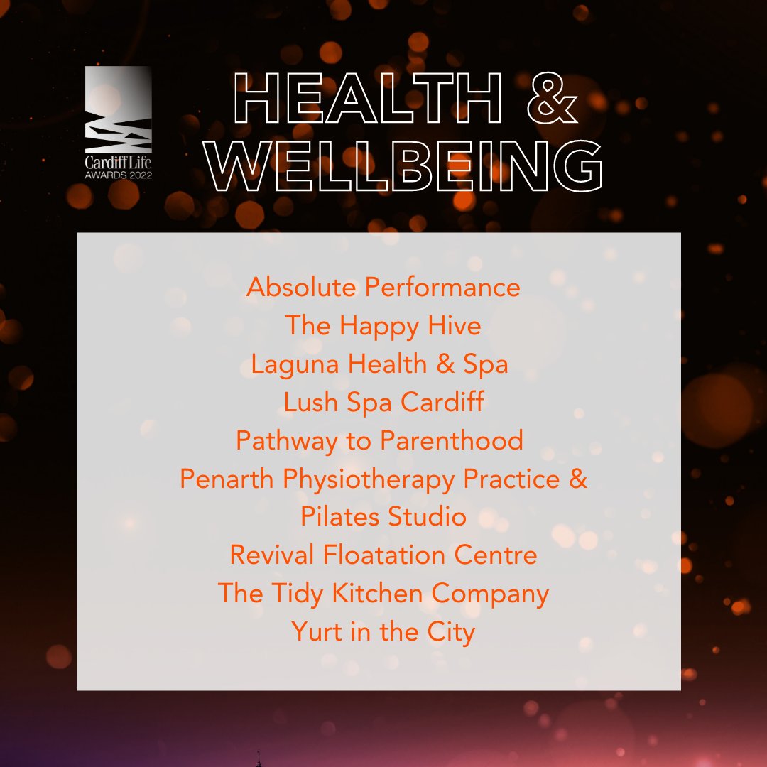 CardiffLifeAwds's tweet photo. Our Health and Wellbeing Finalists are: @aperformanceltd, The Happy Hive, @LagunaHealthSpa, @LushCardiff, @to_parenthood, @PPPphysio, Revival Floatation Centre, @Tidy_Kitchen_Co and Yurt in the City!
Congratulations to all! #CardiffLifeAwards https://t.co/CsiT10xo6V