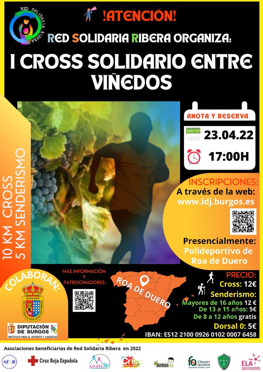 No digas que no te hemos avisado, ¡todavía estás a tiempo de ponerte 😅 en forma!
<a href="/RiberaRed/">Red Solidaria Ribera</a> organiza en ROA el CROSS SOLIDARIO ENTRE VIÑEDOS con el objetivo de recaudar fondos. 
👉 Sábado, 23 abril, 17 h. 
Dos modalidades de carrera: cross y senderismo.
redsolidariaribera.org/eventos/cross-…