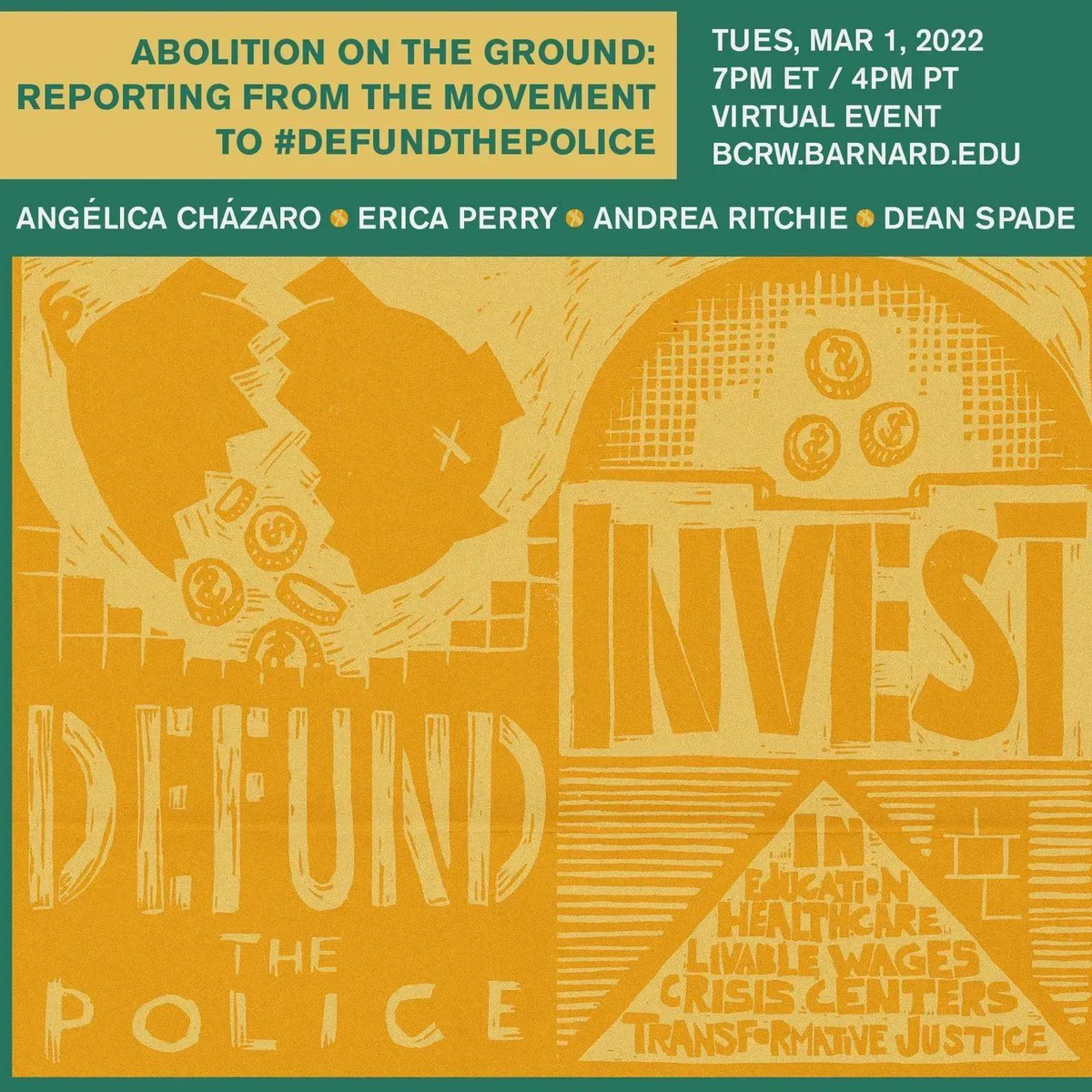 interruptcrim's tweet photo. Tuesday, March 1 at 7 PM ET: Join @dreanyc123, Angélica Cházaro @DecrimSeattle, and Erica Perry @BlkNshAssembly for a panel discussion, moderated by @deanspade, about the work to #DefundThePolice. Hosted by @bcrwtweets &amp; @seattleu. ASL + live captioning. https://t.co/V4pT0t2Qhm https://t.co/v1gQAdIeoe