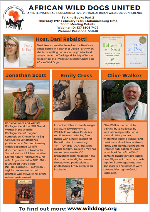 WildDogFund's tweet photo. TUNE IN at 5pm (SAST) for SPECIAL SESSION: Talking Books (Part 2) with host @DaniRabaiotti  for all things #wilddogs

LOGIN DETAILS: 
Webinar ID: 837 3806 7472
Webinar Passcode: 561418
Webinar Link: https://t.co/gWdmysGxhB https://t.co/J1ppbnpLQP