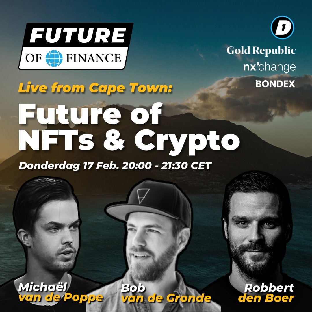 Vandaag te gast bij <a href="/GoldRepublic/">GoldRepublic</a> is Bob van de Gronde, founder van <a href="/OceanCLTV/">Ocean Collective - Ocean NFTs</a> over de Future of NFTs &amp; Crypto.

Aan de roundtable hebben we <a href="/CryptoMichNL/">Michaël van de Poppe</a> &amp; Robbert den Boer alsook te gast.

🗣️ Start vandaag om 20:00 CET

Registreer je hier:
beleg.goldrepublic.nl/future-of-fina…

#NFTs #Crypto