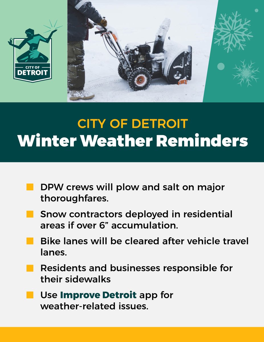 Looks like we're expecting some snow this afternoon! Stay safe  and make sure you are prepared when out on the roads today. Here are some important winter weather reminders!

If you have any weather-related issues, please use the Improve Detroit app to report them.