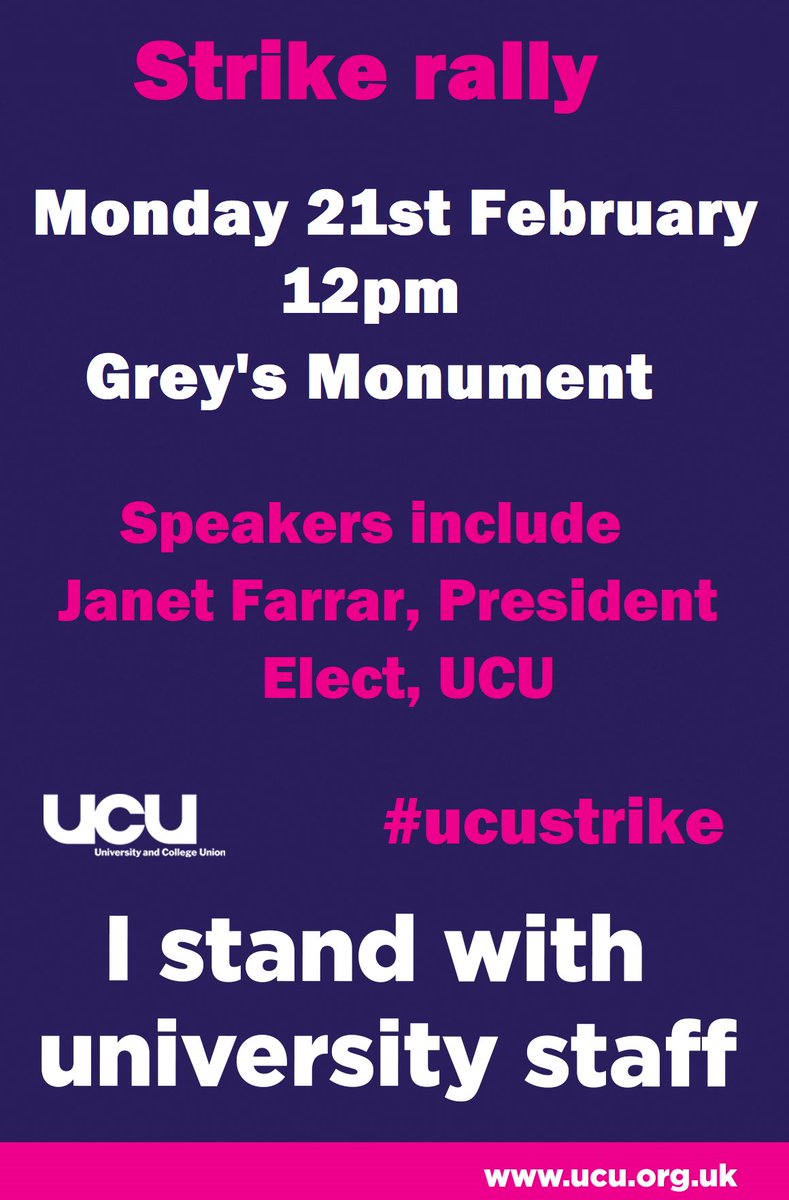 #UCUstrike Rally in Newcastle on Monday lunchtime

⁦<a href="/ucu/">UCU</a>⁩
⁦<a href="/UOCUCU/">UCU@UoC #UCUrising</a>⁩
⁦<a href="/ucuatdurham/">Durham UCU (@ducu.bsky.social)</a>⁩
⁦<a href="/NewcastleUniUCU/">Newcastle University UCU newcastleucu.bsky.social</a>⁩ 
⁦<a href="/UCUNUbranch/">UCU Northumbria - SHY BAIRNS GET NOWT!</a>⁩ 
⁦<a href="/SunderlandUCU/">Univ Sunderland UCU - Solidarity With All Strikers</a>⁩ 
⁦<a href="/UCUTeesUni/">UCU Teesside Uni</a>⁩ 
⁦