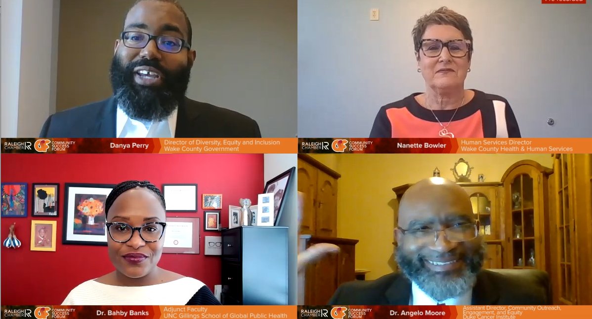 raleighchamber's tweet photo. Our #Health panelists discuss the importance and benefits of data! Nanette Bowler, @bahbybanks, and Dr. Angelo Moore all agree - learning how to move forward with an #Equity lens is vital for effective progress. #CommunitySuccess22 https://t.co/qHBIECXpxX