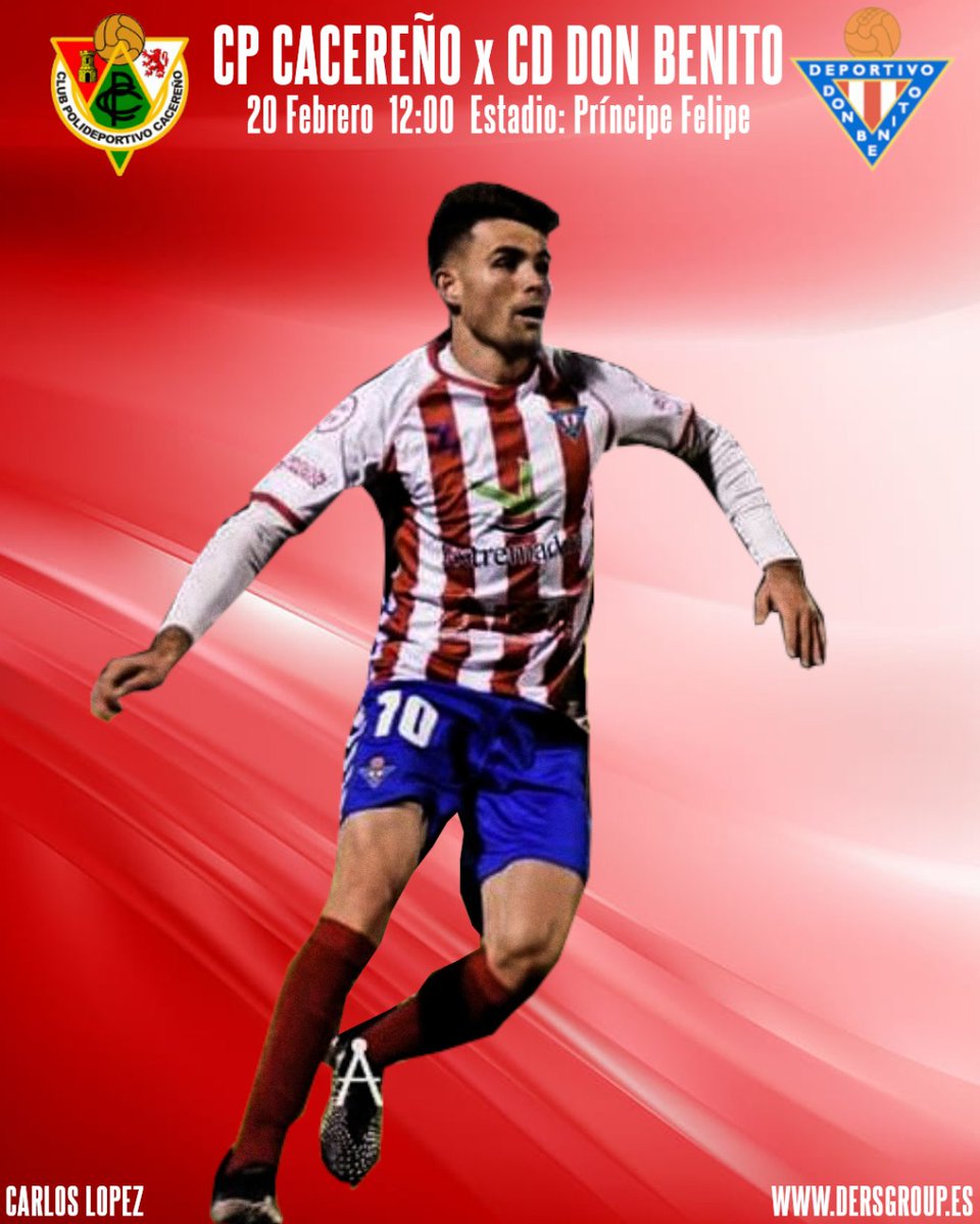 #MATCHDAY  <a href="/Carlosls_96/">Carlos López</a>

<a href="/CPCacerenoSAD/">CP Cacereño 🟢🐉</a> 🆚️ @CDDonBenito1928

🏆 2°RFEF IV
🗓 20/2/2022
🕔 12:00h
🏟 Estadio Municipal Príncipe Felipe 
💻 dersgroup.es 
<a href="/Dersgroup/">Dersgroup</a>
#letsgo #Dersgroup #seguimos #trabajando #familia #futbol #pasión #compromiso #friends #caminamosjuntos