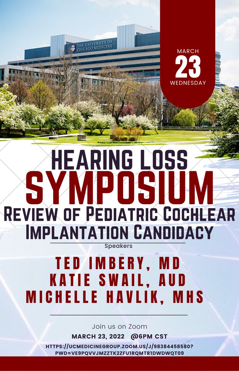 UChicago Ear and Hearing (@uchicagohearing) on Twitter photo Join us virtually on March 23rd at 6pm as our own <a href="/TedImbEARy/">Ted Imbery</a>, Katie Swail AuD, and <a href="/MichelleHavlik/">Michelle Havlik SLP/AVT</a> review and discuss Pediatric Cochlear Implant candidacy!
#cochlearimplant #audiology #SLP #chicago <a href="/UChicagoMed/">UChicago Medicine</a> <a href="/UChicagoOHNS/">UChicagoOHNS</a> Join us virtually on March 23rd at 6pm as our own <a href="/TedImbEARy/">Ted Imbery</a>, Katie Swail AuD, and <a href="/MichelleHavlik/">Michelle Havlik SLP/AVT</a> review and discuss Pediatric Cochlear Implant candidacy!
#cochlearimplant #audiology #SLP #chicago <a href="/UChicagoMed/">UChicago Medicine</a> <a href="/UChicagoOHNS/">UChicagoOHNS</a>