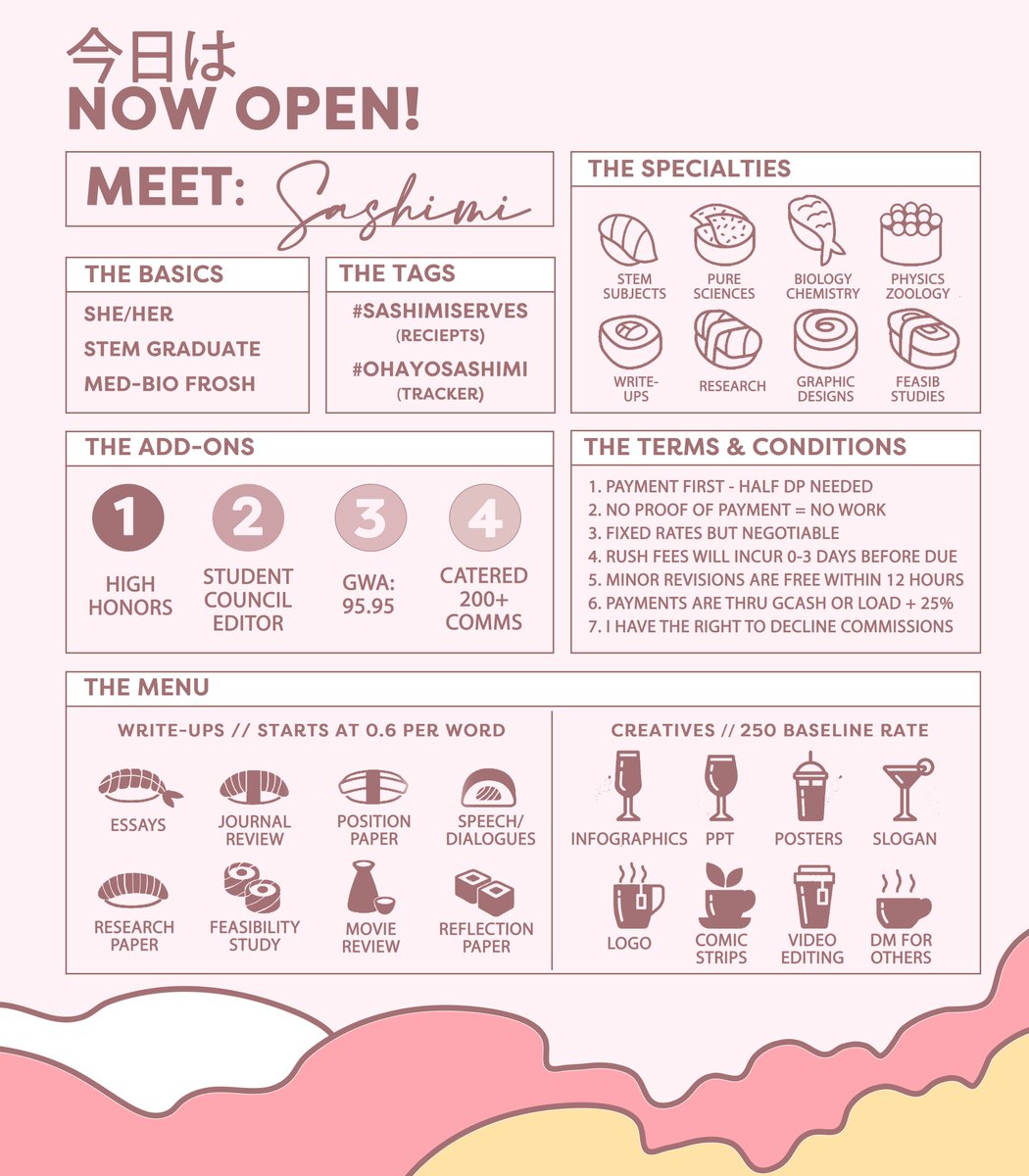 [愛] 🍣 Sashimi is now OPEN!

Ohayo! Is the workload too heavy? Racing with deadlines? Sit-down and take some break! Let me serve you a sumptuous meal!

Get to know our menu and services at the sheet down below! Sashimi will be happy to serve you anytime! Reserve your seats now!