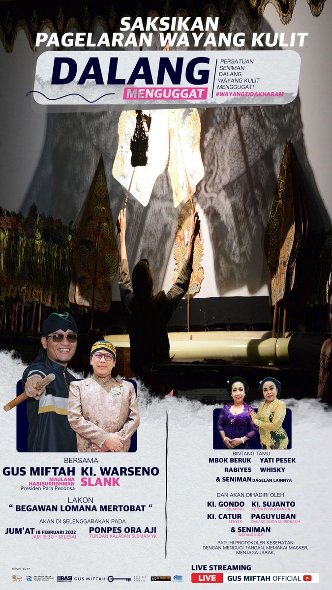 Saksikan Gus Miftah dan Seniman Dagelan live streaming pagelaran wayang kulit dengan tema Dalang Menggugat di channel YouTube Gus Miftah Official. #wayangtidakharam 
youtube.com/c/GusMiftahOff…