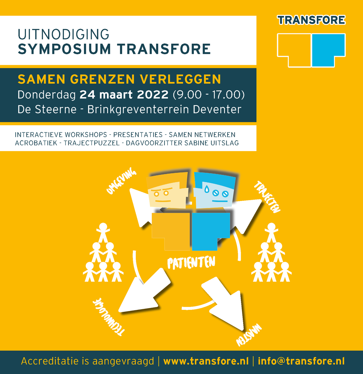 Meld je aan voor het 𝗦𝘆𝗺𝗽𝗼𝘀𝗶𝘂𝗺 "𝗦𝗮𝗺𝗲𝗻 𝗚𝗿𝗲𝗻𝘇𝗲𝗻 𝘃𝗲𝗿𝗹𝗲𝗴𝗴𝗲𝗻" 𝗼𝗽 𝟮𝟰 𝗺𝗮𝗮𝗿𝘁 𝟮𝟬𝟮𝟮. Je kunt meedoen aan workshops, presentaties bijwonen (ook van patiënten) en met elkaar bijpraten na zo'n lange tijd 'op afstand'.  transfore.nl/symposium-same…