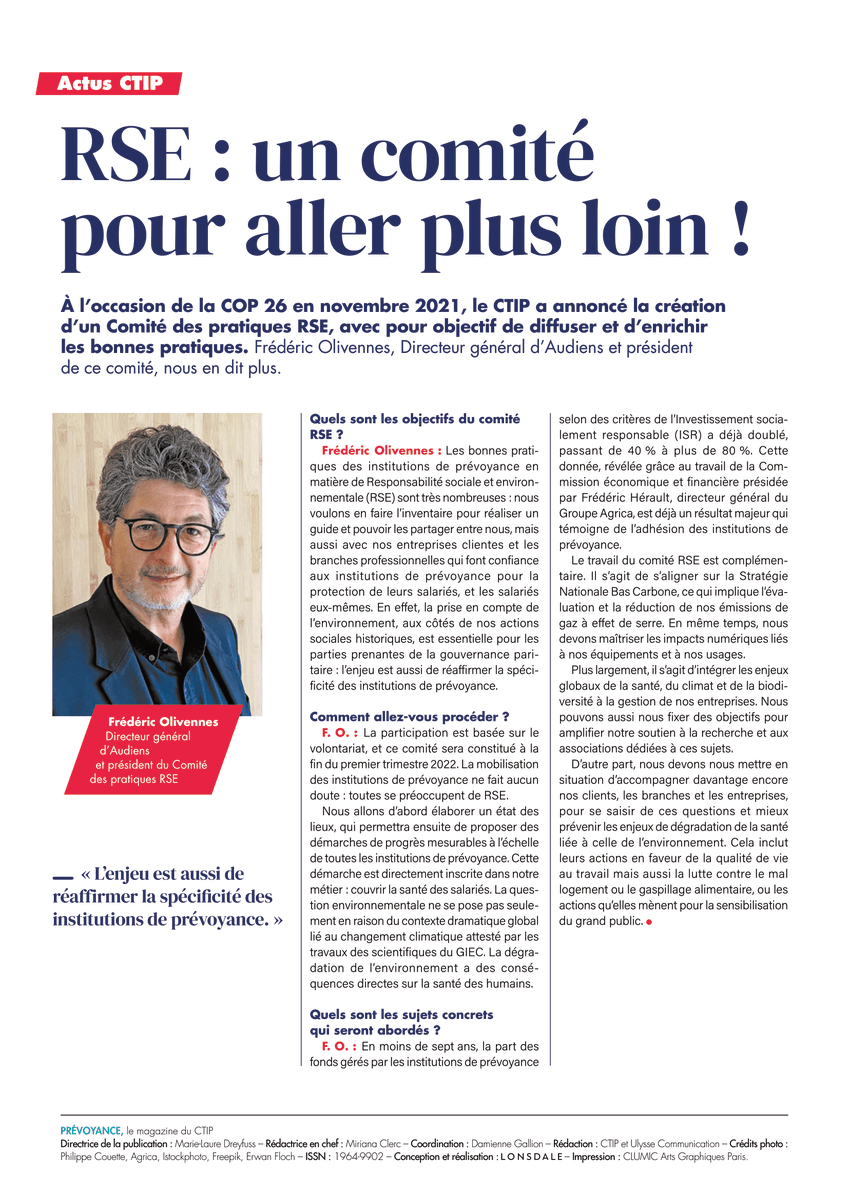 GroupeAudiens's tweet photo. À l’occasion de la COP 26 en novembre dernier, le @ctip  annonçait la création d’un Comité des pratiques #RSE. 

@FredOlivennes, Directeur général d’Audiens et président de ce comité, rappelle les enjeux de la transition écologique pour les instituts de prévoyance.  
⬇ https://t.co/HWFETOg6np