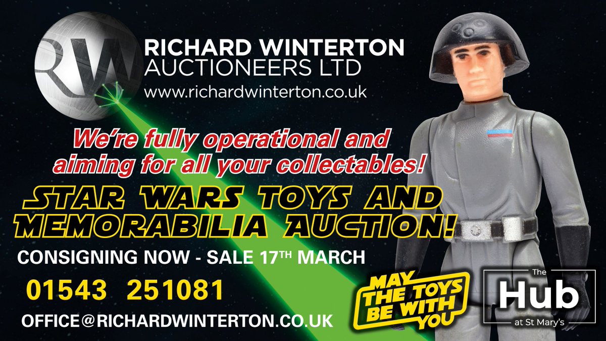 We're consigning all things #StarWars for a special #Lichfield #auction @thehubatstmarys alongside the brilliant May The Toys Be With You exhibition! The sale starts at 4pm on 17th March - call 01543 251081 or email office@richardwinterton.co.uk now to book your free valuation