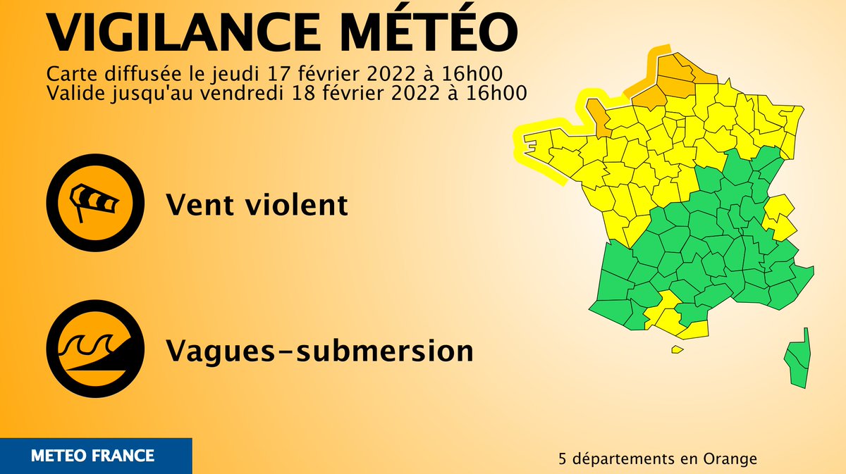 ⚠️🟠Tempête #Eunice 
Les départements #Nord #PasDeCalais #Somme sont placés en #VigilanceOrange #VentViolent ce 18/02/22. 
De fortes rafales de vent sont attendues (jusqu'à 140km/h localement, 110 km/h à l'intérieur des terres).
Faites preuve de prudence, ne prenez aucun risque.