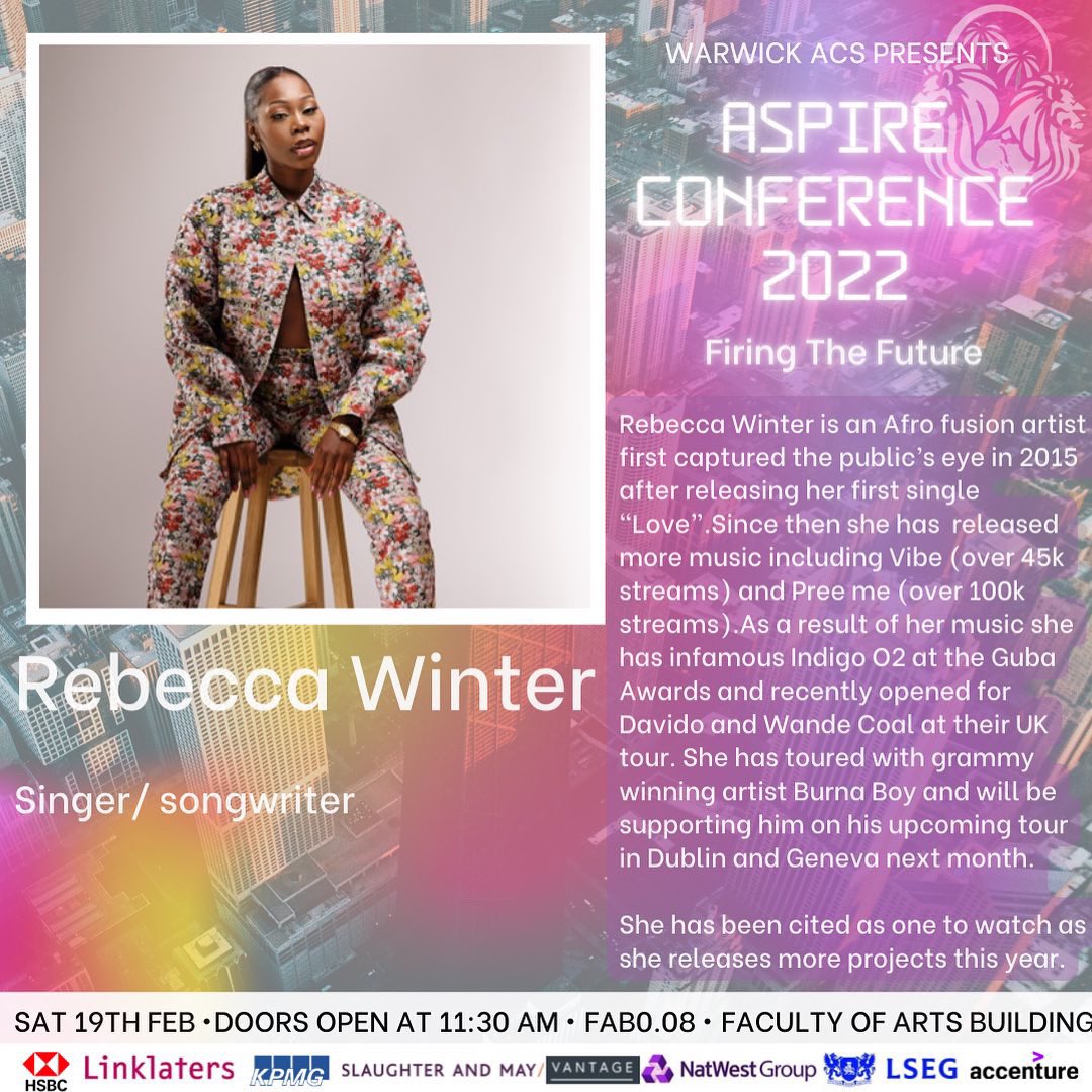 Double release 18th April (@rebeccawinterr) on Twitter photo This Saturday I will be a guest speaker at Warwick University for the Aspire conference which has been organised by <a href="/WarwickACS/">Warwick ACS 💎</a>
As a black independent artist and a law graduate, I will be giving an insight into my journey so far.
Thank you for inviting me. 🦋 This Saturday I will be a guest speaker at Warwick University for the Aspire conference which has been organised by <a href="/WarwickACS/">Warwick ACS 💎</a>
As a black independent artist and a law graduate, I will be giving an insight into my journey so far.
Thank you for inviting me. 🦋