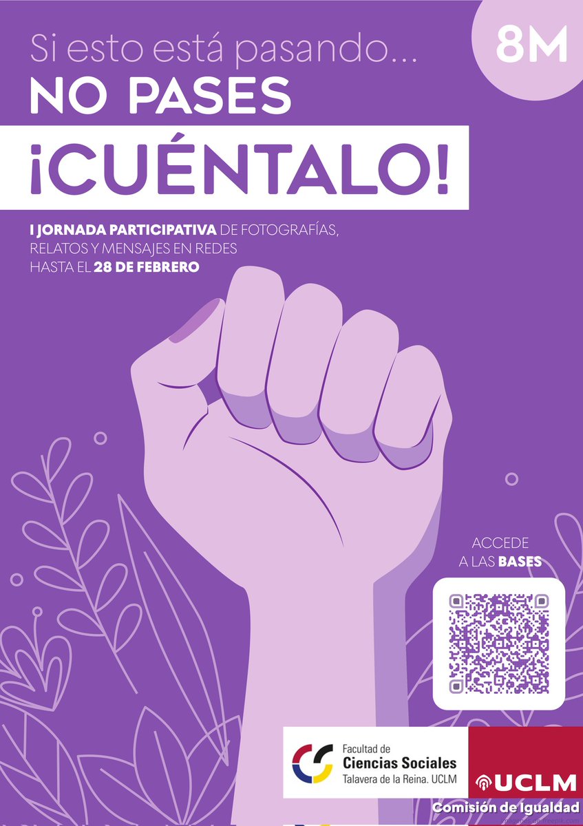 Os informamos que la I JORNADA PARTICIPATIVA DE FOTOGRAFÍAS, RELATOS Y MENSAJES EN REDES SOCIALES DEL 8M tendrá lugar hasta el 28 de febrero.
uclm.es/es/global/prom…