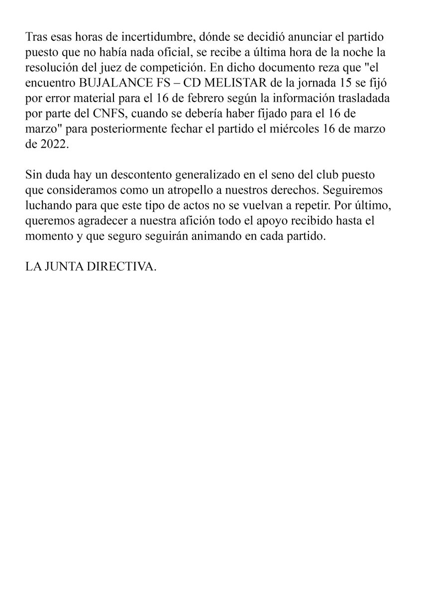 bujalancefs's tweet photo. 🚨 COMUNICADO OFICIAL 🚨

Sobre el partido suspendido del pasado miércoles.

#VamosBujalance #TodoAlRojo https://t.co/nZGAKED7sG