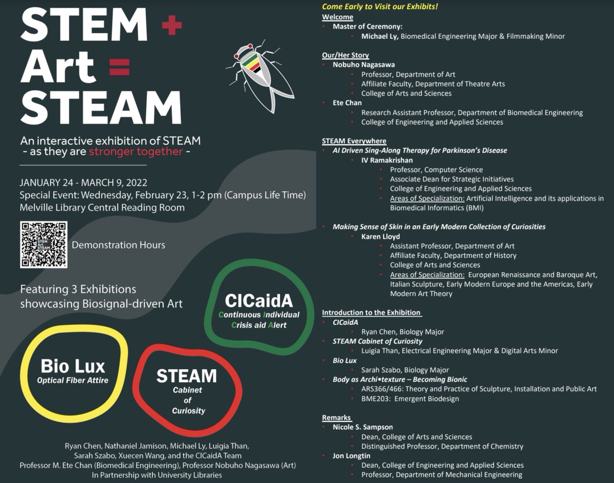 CELT_SBU's tweet photo. Leveraging #STEM in #Arts to Build #STEAM @Stonybrooku Special Event for Exhibition STEM+Arts = #STEAMatSBU Weds. Feb. 23 @ 1 p.m. ET in Central Reading Room, Melville Library. https://t.co/NwB1kns751 Join #profs #EteChan and #NobiNagasawa @sbuartofficial #BiomedicalEngineering https://t.co/yOytFwl6MG