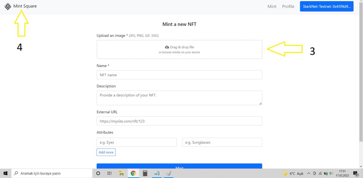 cryptohunterrx's tweet image. 3) Tıklayın ve hangi NFT'yi Mintlemek istiyorsanız dosyalarınızdan seçin. NFT adını girin açıklama, NFT'nizin özelliklerini vs. eklemek
isterseniz ekleyebilirsin. Sonra aşağıdan Mint'e basın. Cüzdandan SİGN diyip onaylayın.

4) Mint Square'ye tıklayın