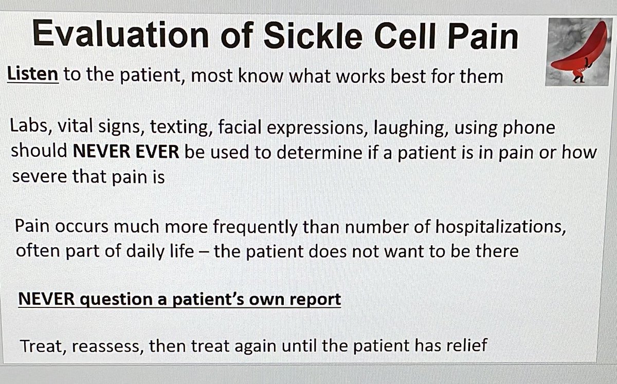 PTMcGann's tweet photo. I am giving a talk about #SickleCell to a group of nurses today.
I am always modifying how I present this information but the message is always the same - listen to the patient and treat the pain https://t.co/V1709oYRHu